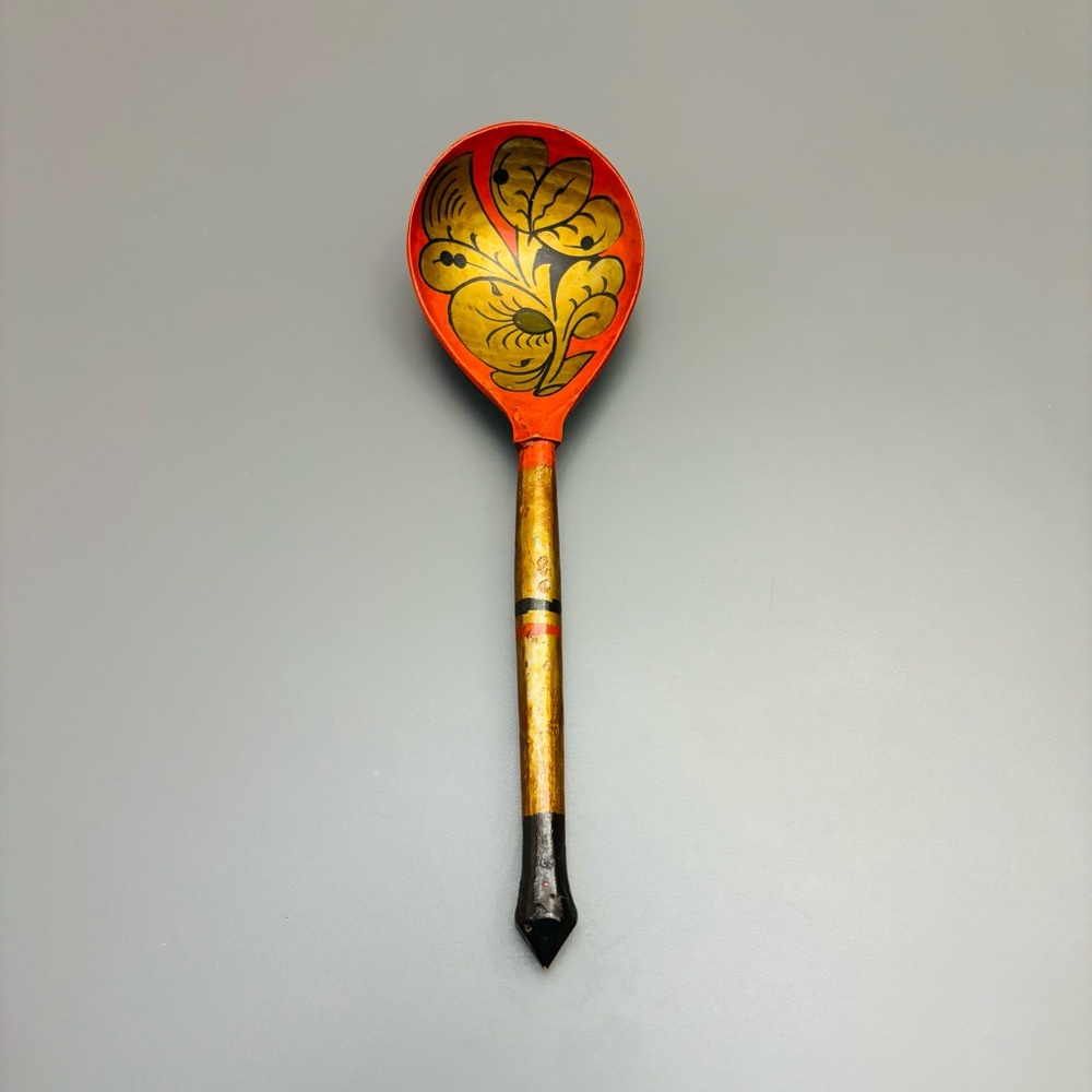 Vintage Khokhloma Wooden Spoon Handmade & Painted in Soviet Union Russian Art